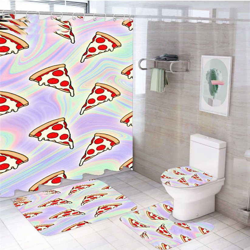 Tie Dye Pizza Slices 4Pcs Bathroom Non-Slip Rugs Shower Curtain Fabric Waterproof