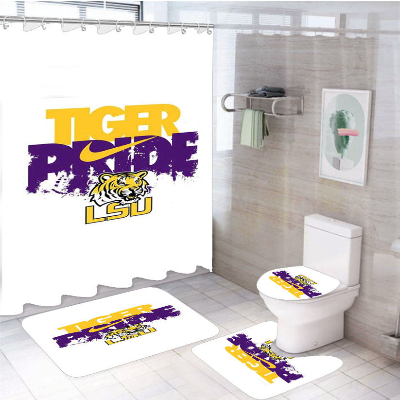 Tiger Pride Lsu 4Pcs Bathroom Non-Slip Rugs Shower Curtain Fabric Waterproof