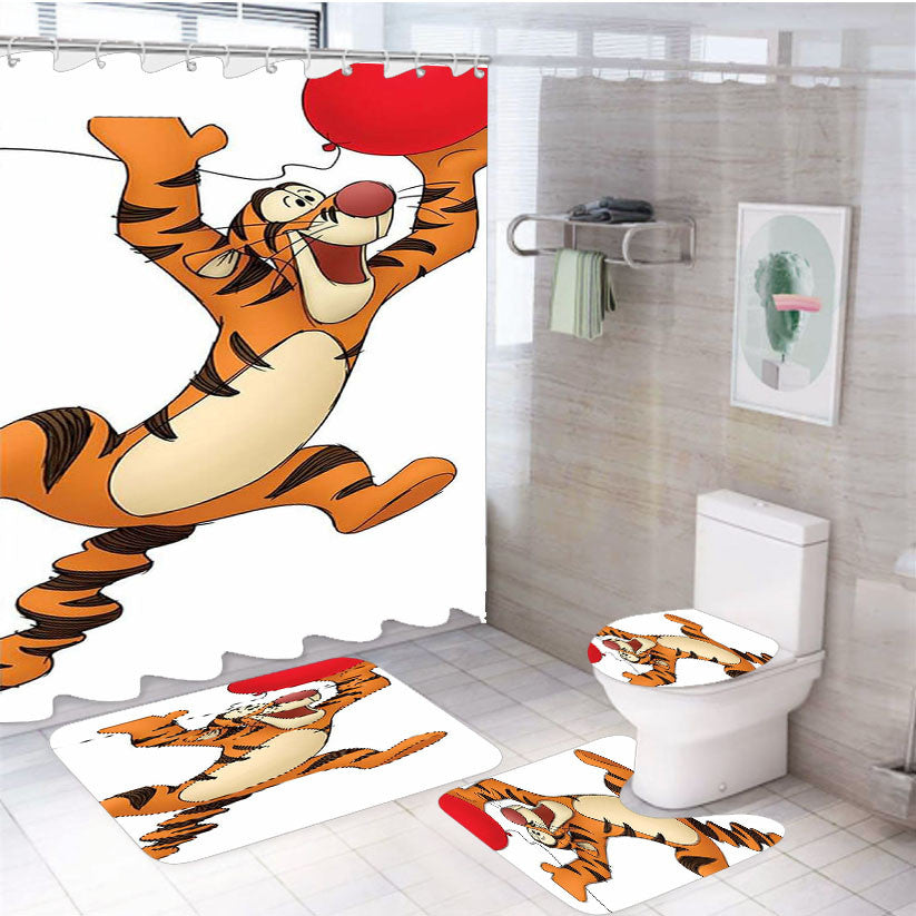 Tigger Winnie The Pooh Cartoon 4Pcs Bathroom Non-Slip Rugs Shower Curtain Fabric Waterproof
