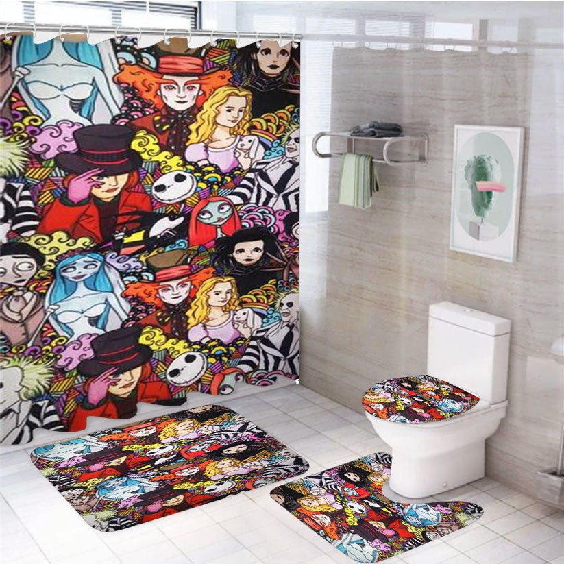 Tim Burton Characters 4Pcs Bathroom Non-Slip Rugs Shower Curtain Fabric Waterproof