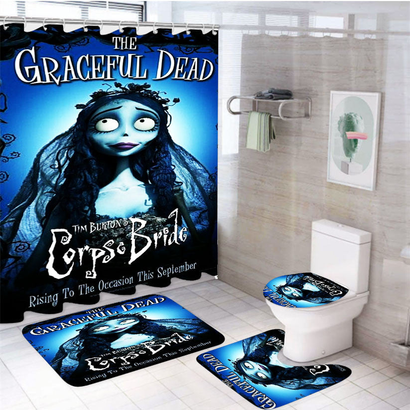 Tim Burton Corpse Bride Cover 4Pcs Bathroom Non-Slip Rugs Shower Curtain Fabric Waterproof