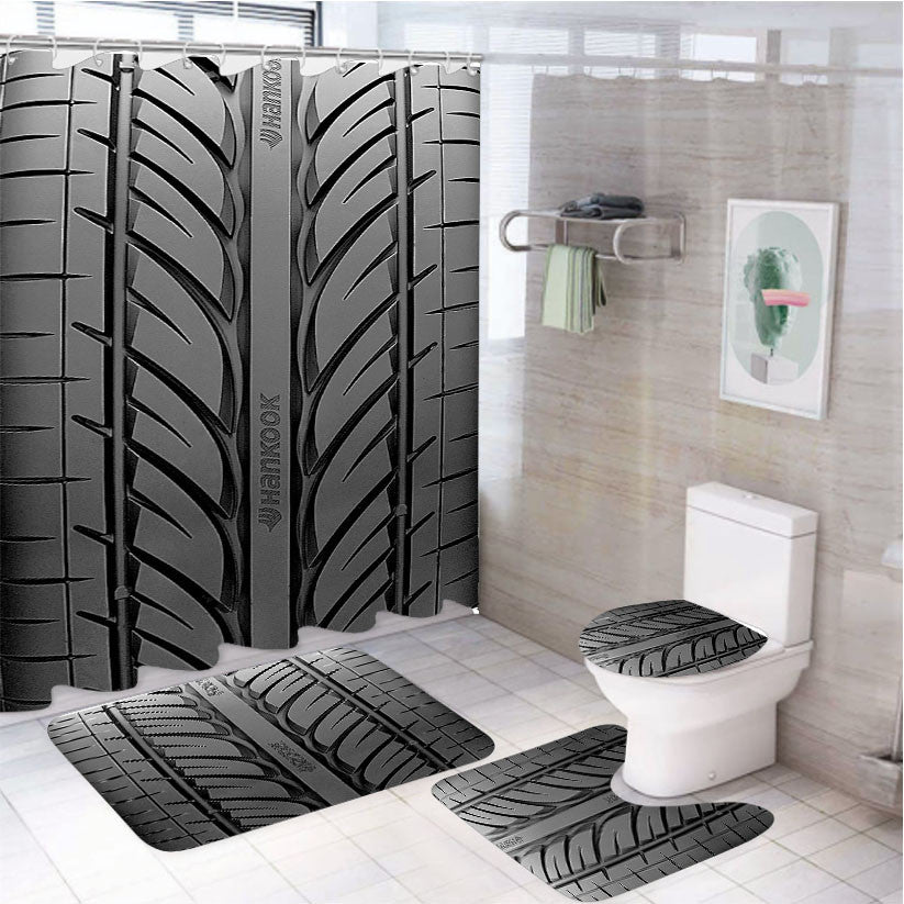 Tire Pattern 4Pcs Bathroom Non-Slip Rugs Shower Curtain Fabric Waterproof