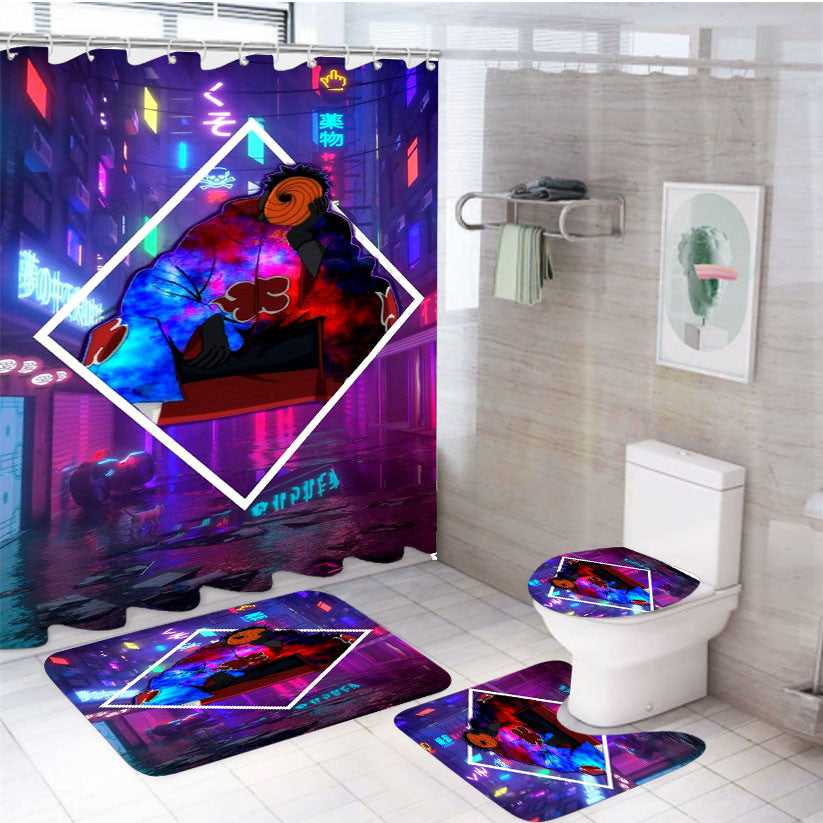 Toby Naruto Tokyo At Night 4Pcs Bathroom Non-Slip Rugs Shower Curtain Fabric Waterproof
