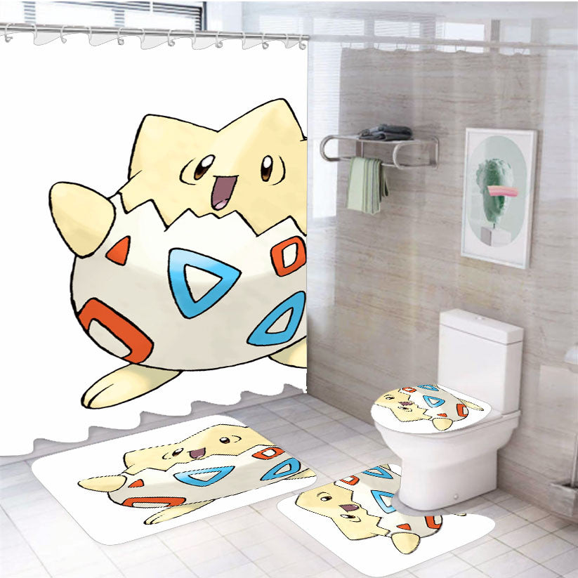 Togepi Topkapi Pokemon 4Pcs Bathroom Non-Slip Rugs Shower Curtain Fabric Waterproof