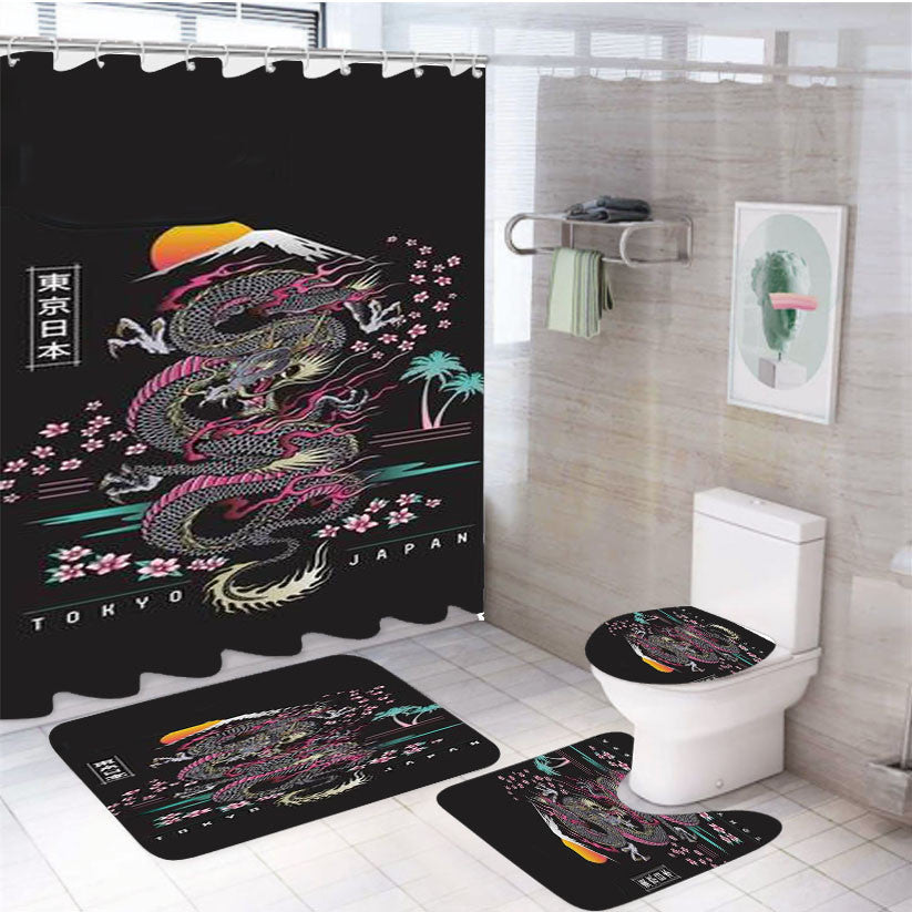 Tokyo Japan 4Pcs Bathroom Non-Slip Rugs Shower Curtain Fabric Waterproof