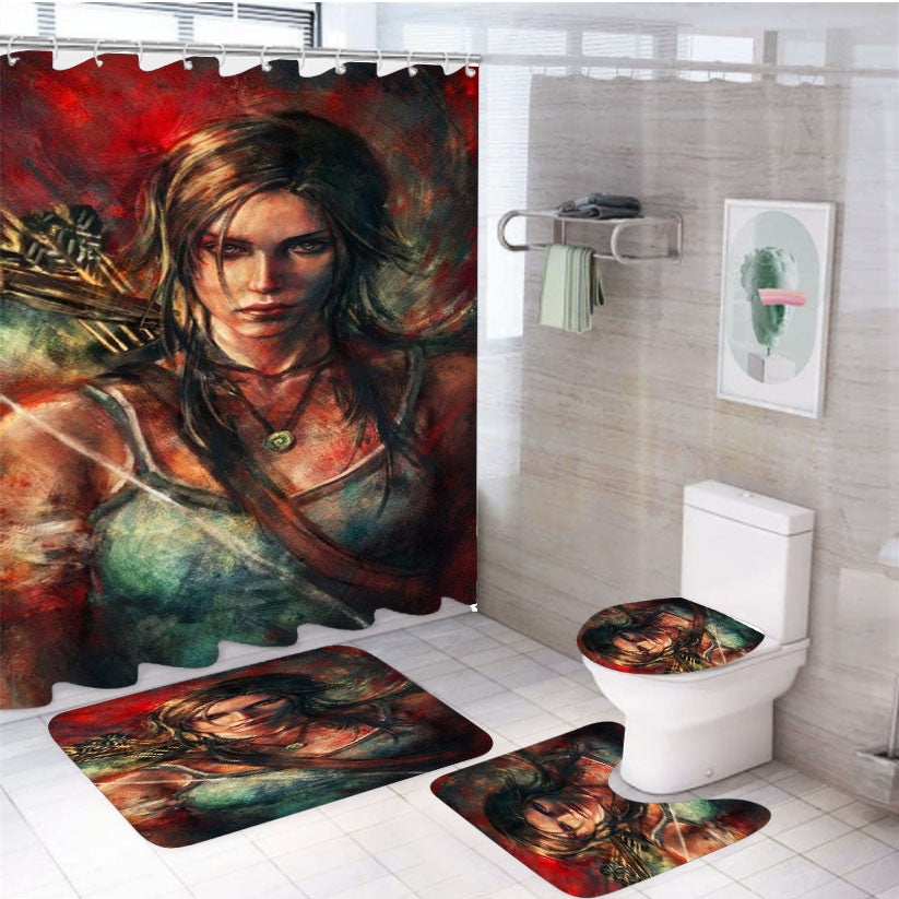 Tomb Raider Lara Croft 4Pcs Bathroom Non-Slip Rugs Shower Curtain Fabric Waterproof