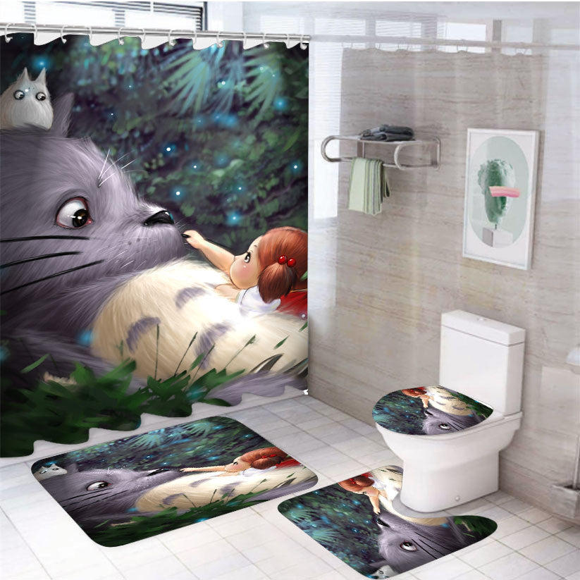 Tonari No Totoro 4Pcs Bathroom Non-Slip Rugs Shower Curtain Fabric Waterproof