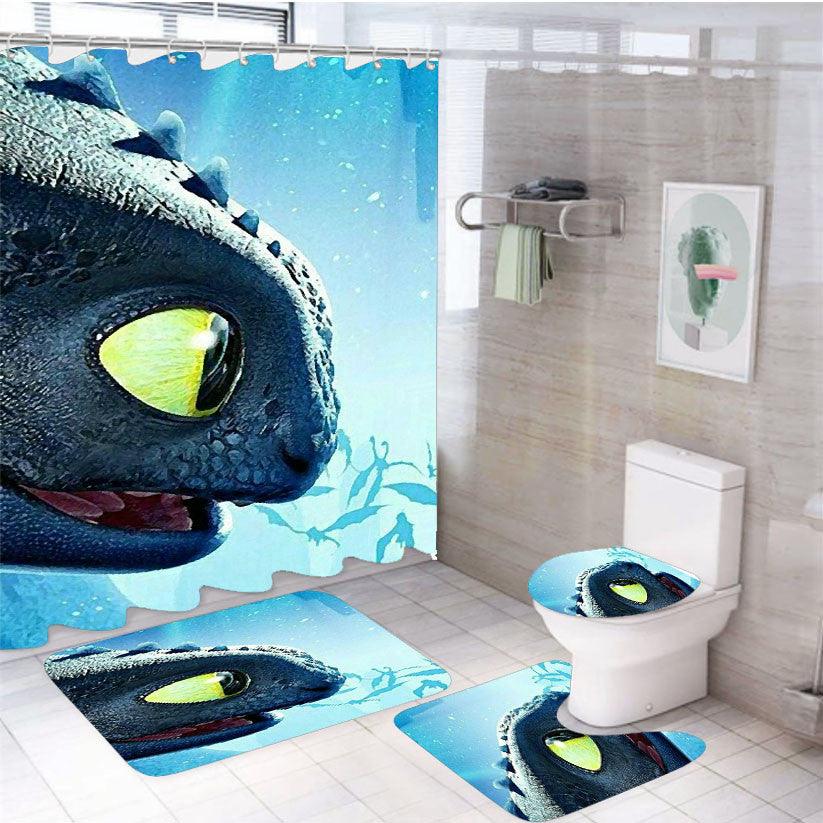 Toothless 4Pcs Bathroom Non-Slip Rugs Shower Curtain Fabric Waterproof
