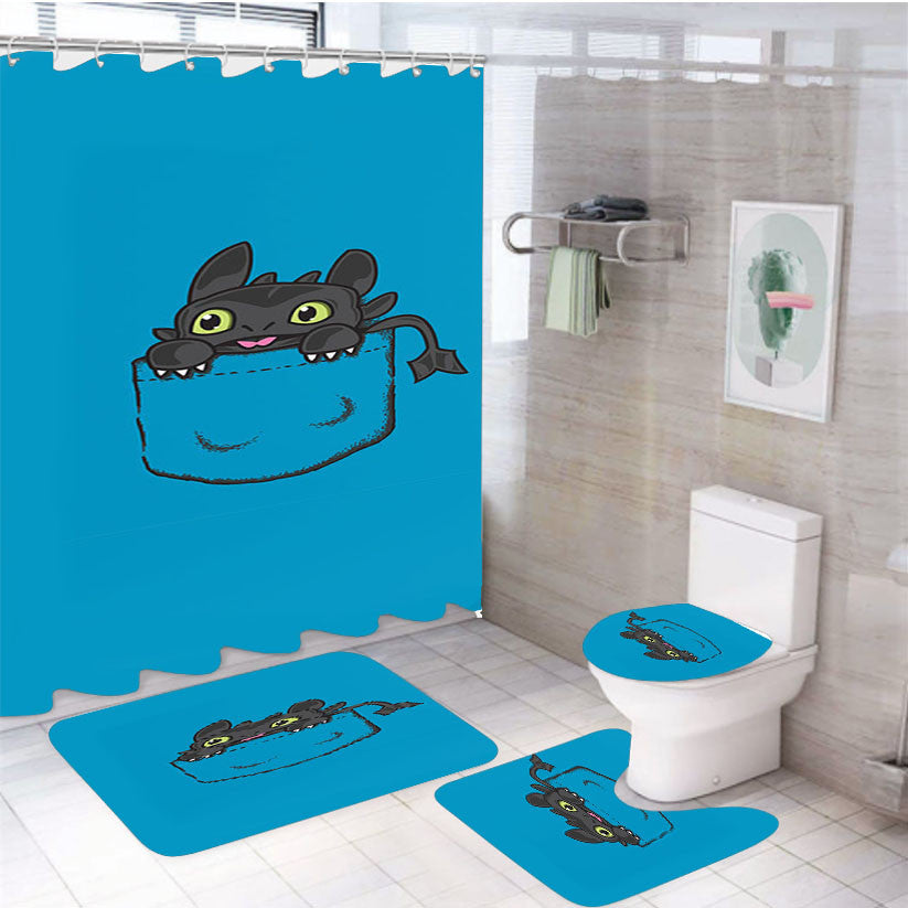 Toothless Cute 4Pcs Bathroom Non-Slip Rugs Shower Curtain Fabric Waterproof