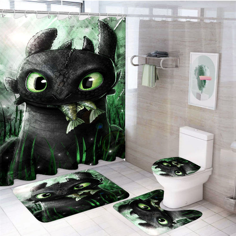 Toothless Eat Fish 4Pcs Bathroom Non-Slip Rugs Shower Curtain Fabric Waterproof