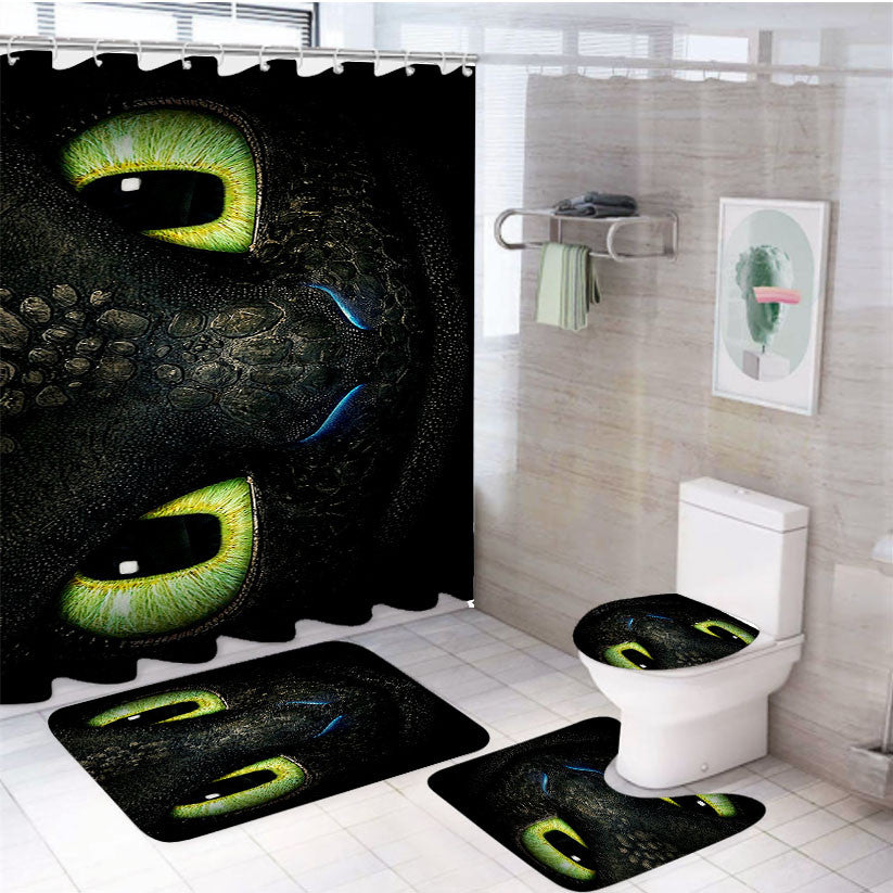Toothless Eyes Design 4Pcs Bathroom Non-Slip Rugs Shower Curtain Fabric Waterproof