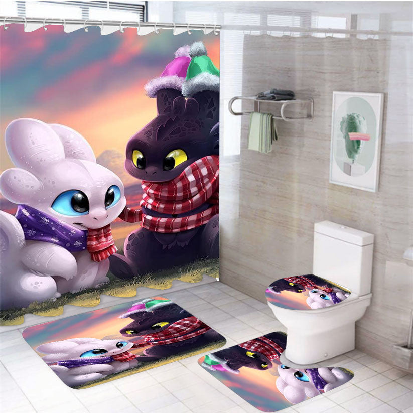 Toothless Night Fury And Light Fury Lovely 4Pcs Bathroom Non-Slip Rugs Shower Curtain Fabric Waterproof
