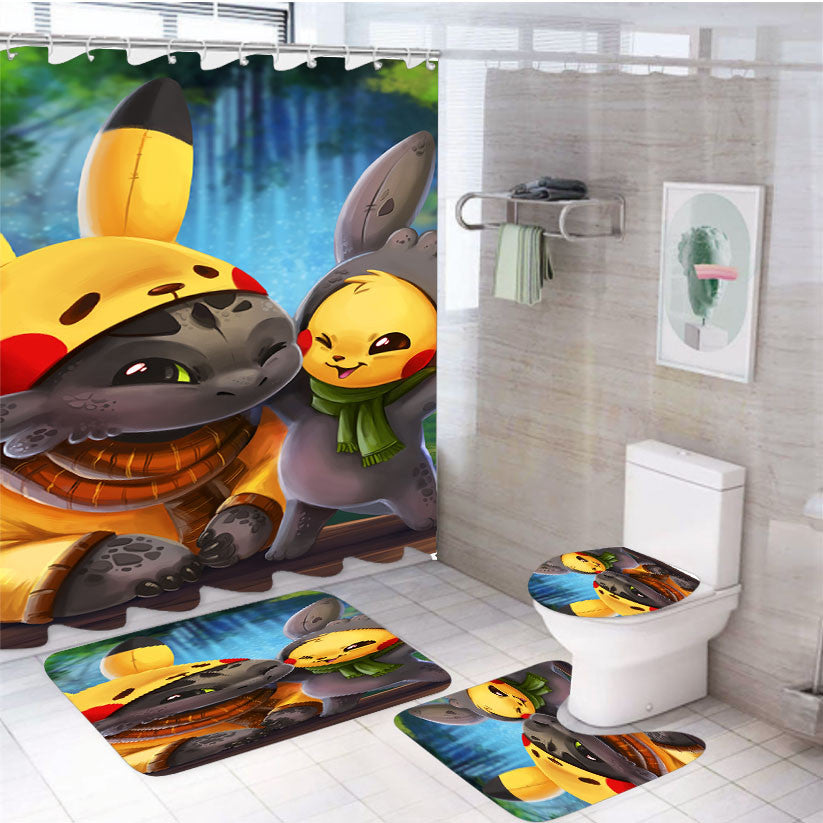 Toothless Night Fury Pikachu 4Pcs Bathroom Non-Slip Rugs Shower Curtain Fabric Waterproof