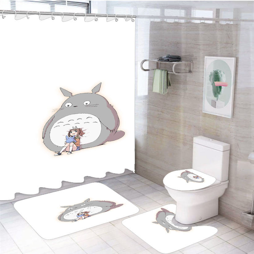 Totoro 4 4Pcs Bathroom Non-Slip Rugs Shower Curtain Fabric Waterproof