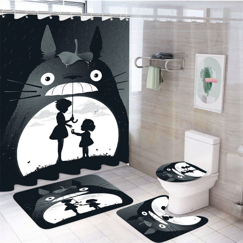 Totoro Black 4Pcs Bathroom Non-Slip Rugs Shower Curtain Fabric Waterproof