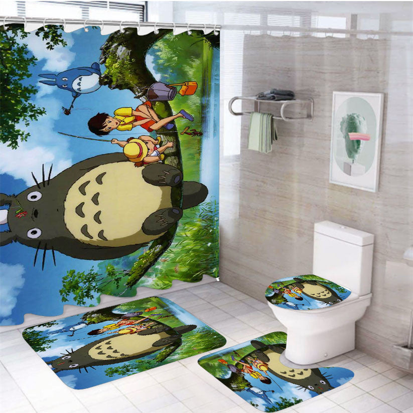 Totoro Fishing 4Pcs Bathroom Non-Slip Rugs Shower Curtain Fabric Waterproof