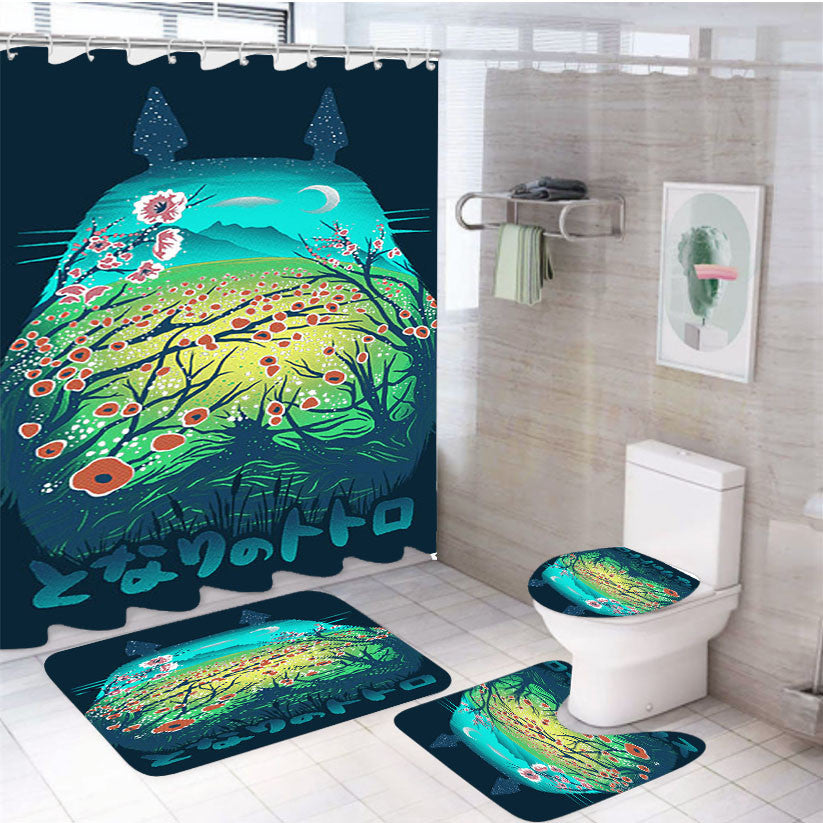 Totoro He Is My Neighbor 4Pcs Bathroom Non-Slip Rugs Shower Curtain Fabric Waterproof