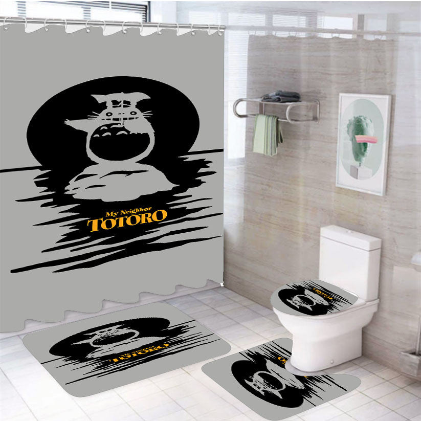 Totoro Silhouette 4Pcs Bathroom Non-Slip Rugs Shower Curtain Fabric Waterproof