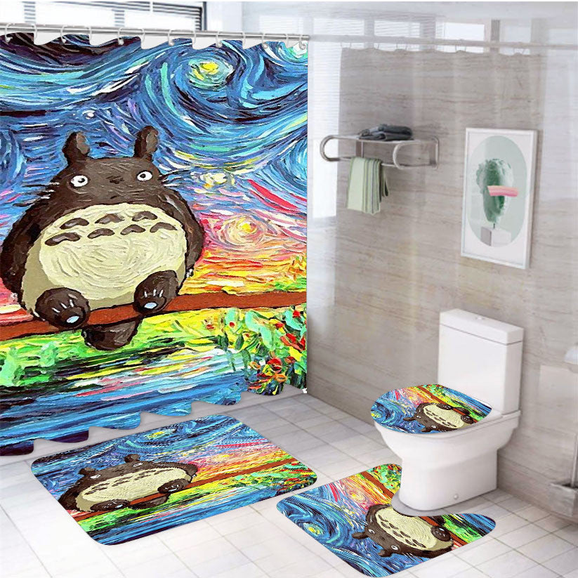 Totoro Starry Night 4Pcs Bathroom Non-Slip Rugs Shower Curtain Fabric Waterproof