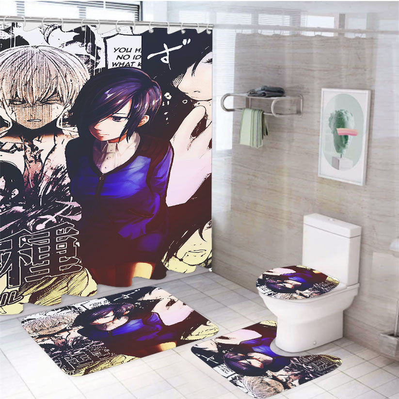 Touka Kirishima Comic 4Pcs Bathroom Non-Slip Rugs Shower Curtain Fabric Waterproof