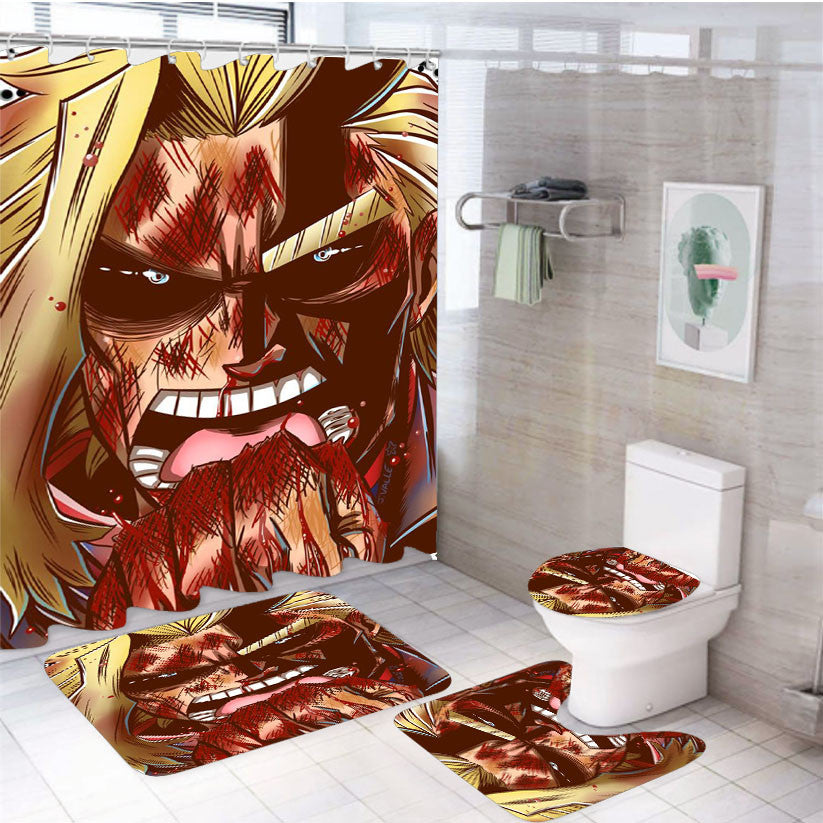Transform All Might My Hero Academia 4Pcs Bathroom Non-Slip Rugs Shower Curtain Fabric Waterproof