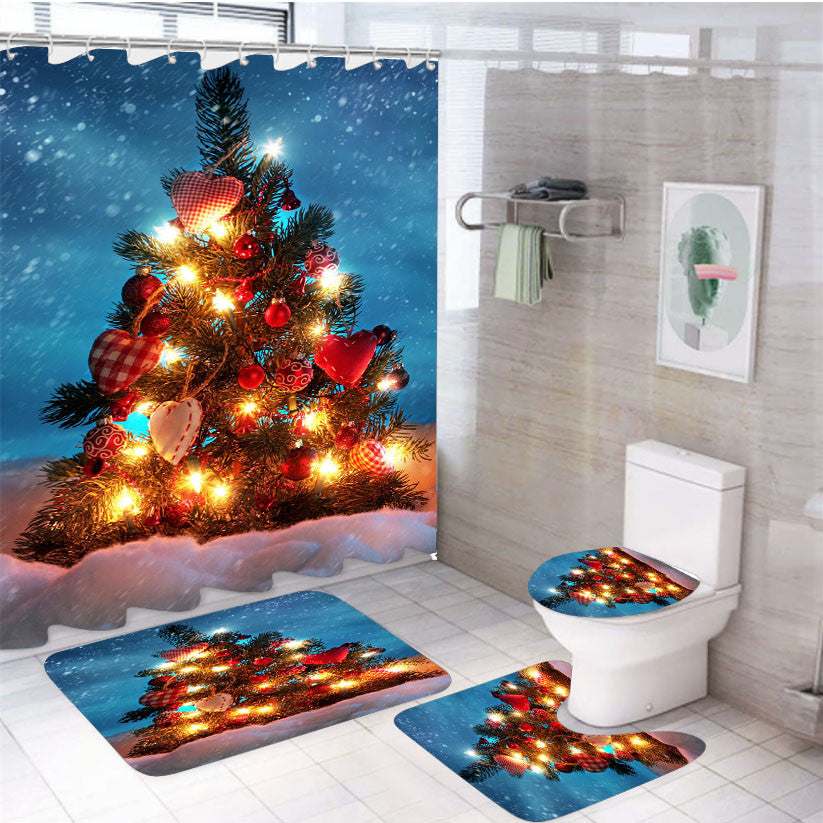 Tree Lamp Christmas 4Pcs Bathroom Non-Slip Rugs Shower Curtain Fabric Waterproof