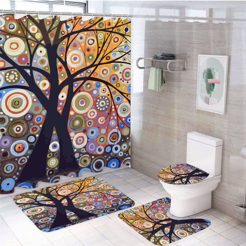 Tree Love Floral 4Pcs Bathroom Non-Slip Rugs Shower Curtain Fabric Waterproof
