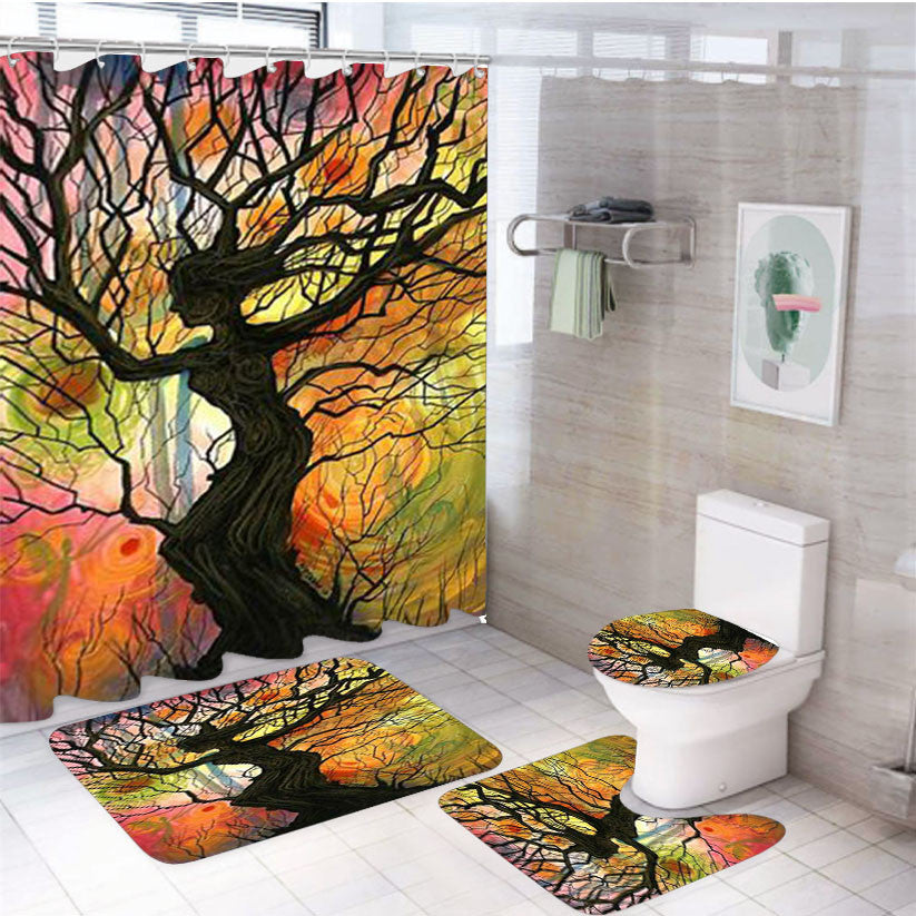 Tree Love Floral 2 4Pcs Bathroom Non-Slip Rugs Shower Curtain Fabric Waterproof