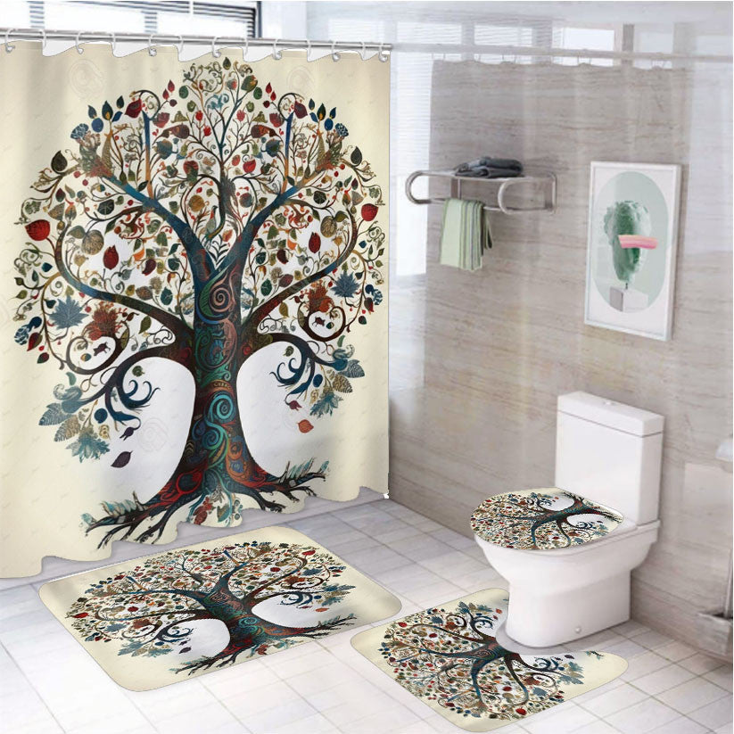 Tree Of Life 4Pcs Bathroom Non-Slip Rugs Shower Curtain Fabric Waterproof