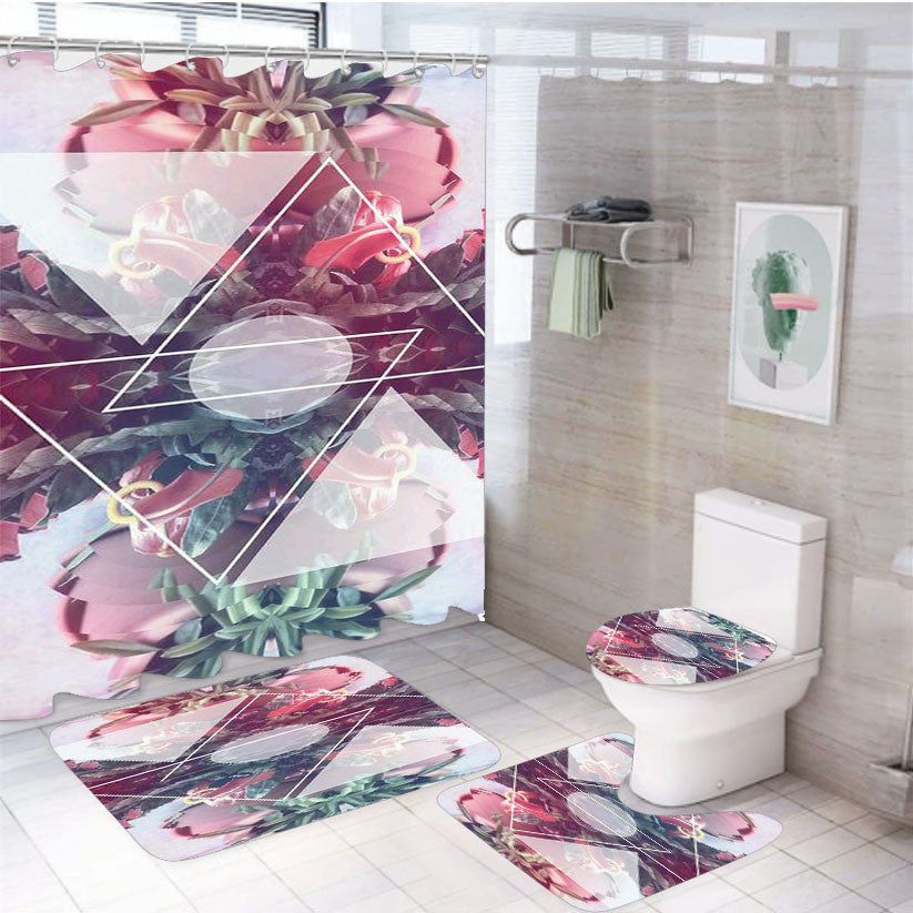 Triangle Flower 4Pcs Bathroom Non-Slip Rugs Shower Curtain Fabric Waterproof