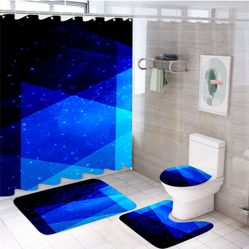 Triangle Pattern Blue Galaxy 4Pcs Bathroom Non-Slip Rugs Shower Curtain Fabric Waterproof