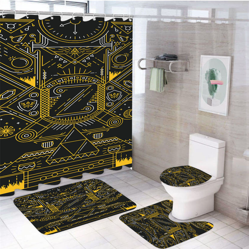 Triforce Zelda Aztec Pattern 4Pcs Bathroom Non-Slip Rugs Shower Curtain Fabric Waterproof