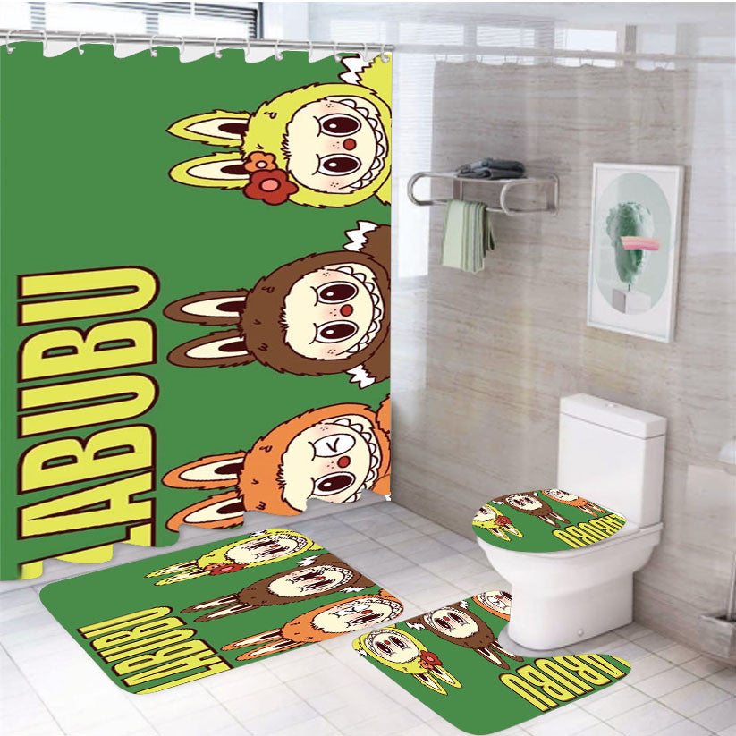 Trio Labubu 4Pcs Bathroom Non-Slip Rugs Shower Curtain Fabric Waterproof