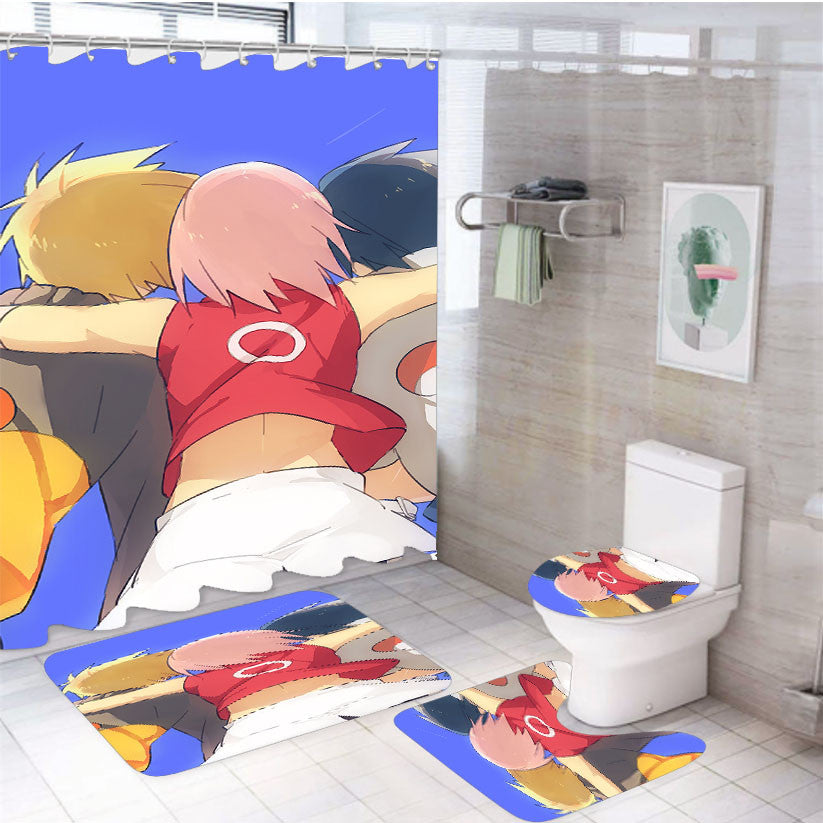 Trio Of Naruto 4Pcs Bathroom Non-Slip Rugs Shower Curtain Fabric Waterproof