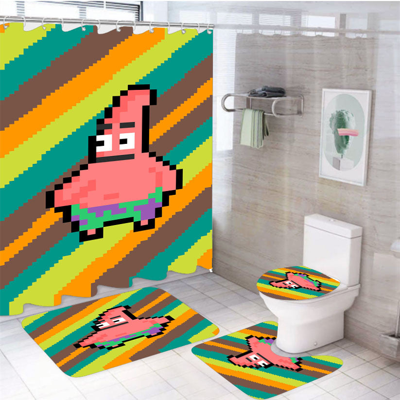 Trippy Patrick Pixel 4Pcs Bathroom Non-Slip Rugs Shower Curtain Fabric Waterproof