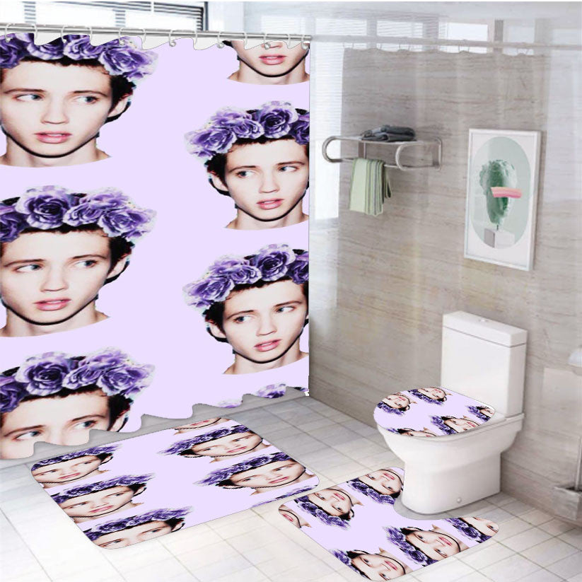 Troye Sivan Pattern Head Flowers 4Pcs Bathroom Non-Slip Rugs Shower Curtain Fabric Waterproof