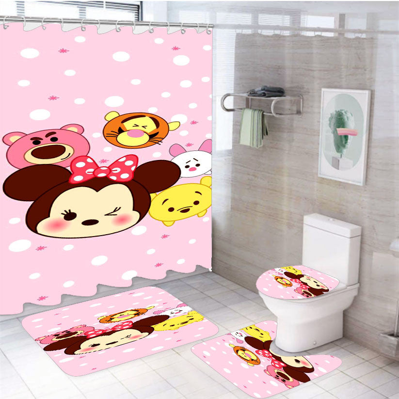 Tsum-Tsum Disney Polka Pink 4Pcs Bathroom Non-Slip Rugs Shower Curtain Fabric Waterproof