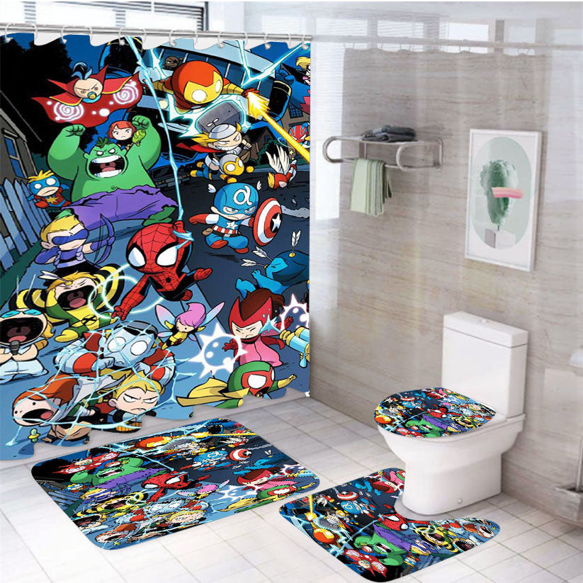 Tsum Tsum Marvel War 4Pcs Bathroom Non-Slip Rugs Shower Curtain Fabric Waterproof
