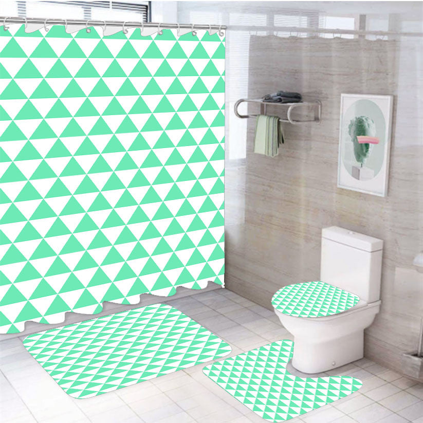 Turquoise And White Triangle Shape Pattern Geometric Art Prints 4Pcs Bathroom Non-Slip Rugs Shower Curtain Fabric Waterproof