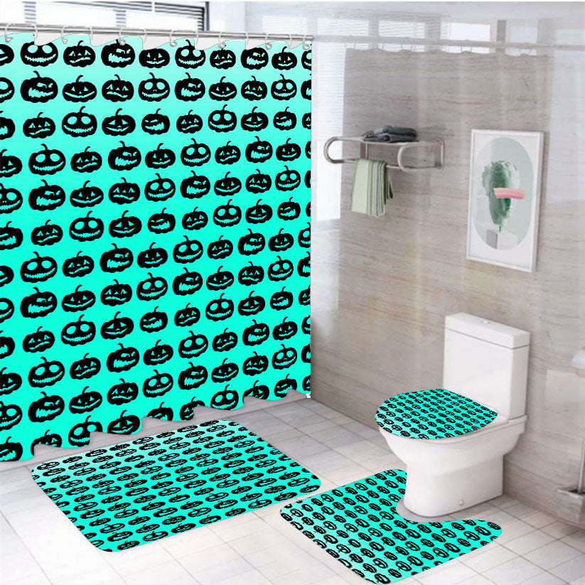 Turquoise Pumpkins Pattern Silhouette Collections 4Pcs Bathroom Non-Slip Rugs Shower Curtain Fabric Waterproof