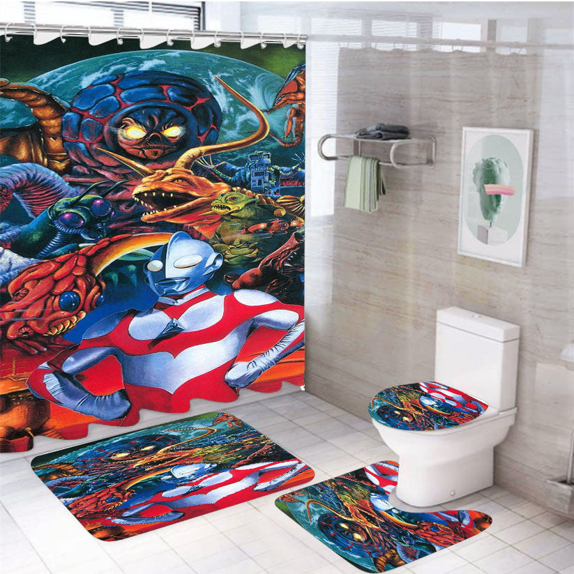 Ultraman Fight Monster Classic Poster 4Pcs Bathroom Non-Slip Rugs Shower Curtain Fabric Waterproof