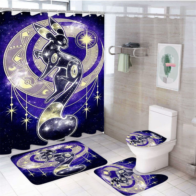 Umbreon Pokemon Black Moon Poster 4Pcs Bathroom Non-Slip Rugs Shower Curtain Fabric Waterproof