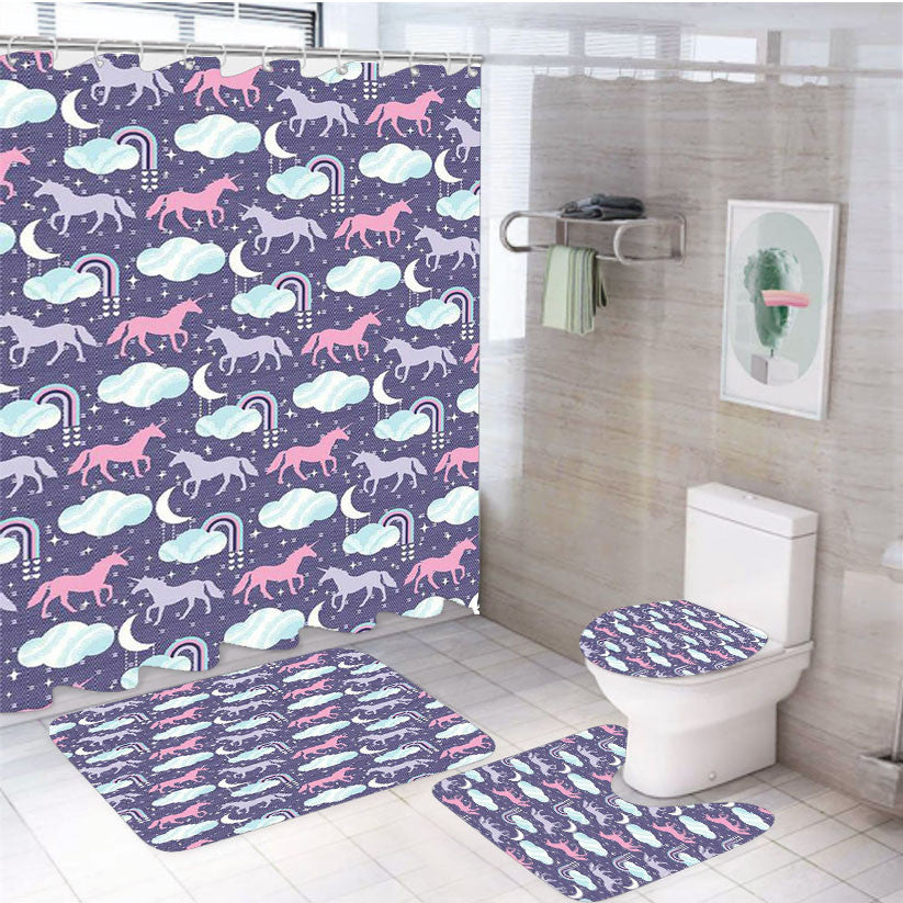 Uncle Pegasus Pattern 4Pcs Bathroom Non-Slip Rugs Shower Curtain Fabric Waterproof