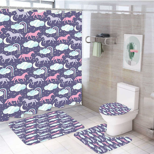 Uncle Pegasus Pattern 4Pcs Bathroom Non-Slip Rugs Shower Curtain Fabric Waterproof