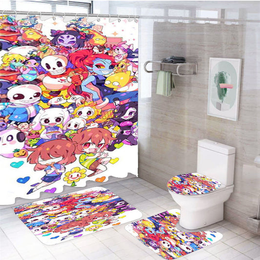 Undertale Cartoon 4Pcs Bathroom Non-Slip Rugs Shower Curtain Fabric Waterproof
