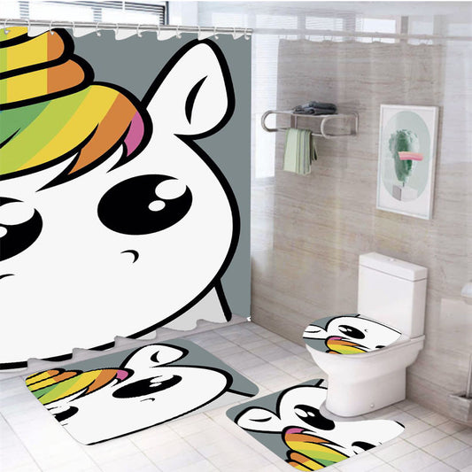 Unicorns Cute 4Pcs Bathroom Non-Slip Rugs Shower Curtain Fabric Waterproof