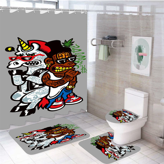Unicorns Tattoos And Friends Dollar 4Pcs Bathroom Non-Slip Rugs Shower Curtain Fabric Waterproof