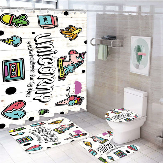 Unicorny Clip Art Handrawn Font 4Pcs Bathroom Non-Slip Rugs Shower Curtain Fabric Waterproof