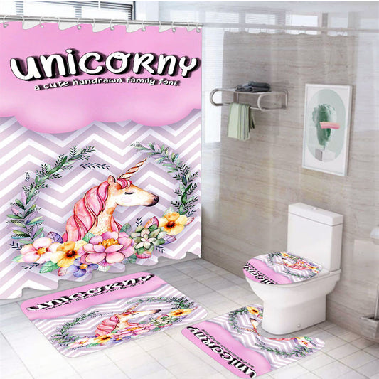 Unicorny Clip Art Poster 4Pcs Bathroom Non-Slip Rugs Shower Curtain Fabric Waterproof