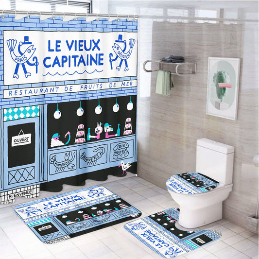Unique Illustration 4Pcs Bathroom Non-Slip Rugs Shower Curtain Fabric Waterproof